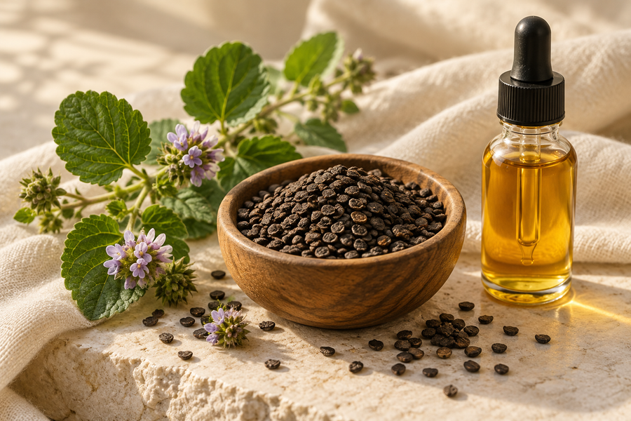 Babchi seeds, a flowering babchi sprig and a small bottle of bakuchi oil