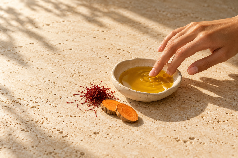 A fingertip touching golden face oil in a small ceramic dish, with saffron threads and slices of turmeric beside it