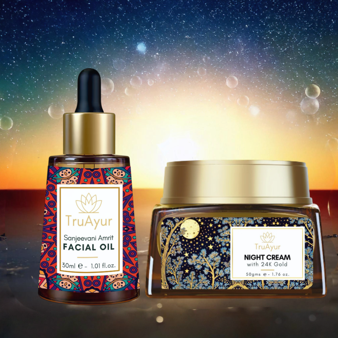 Rituale anti-età con oro 24K (olio viso e crema notte Sanjeevani Amrit)