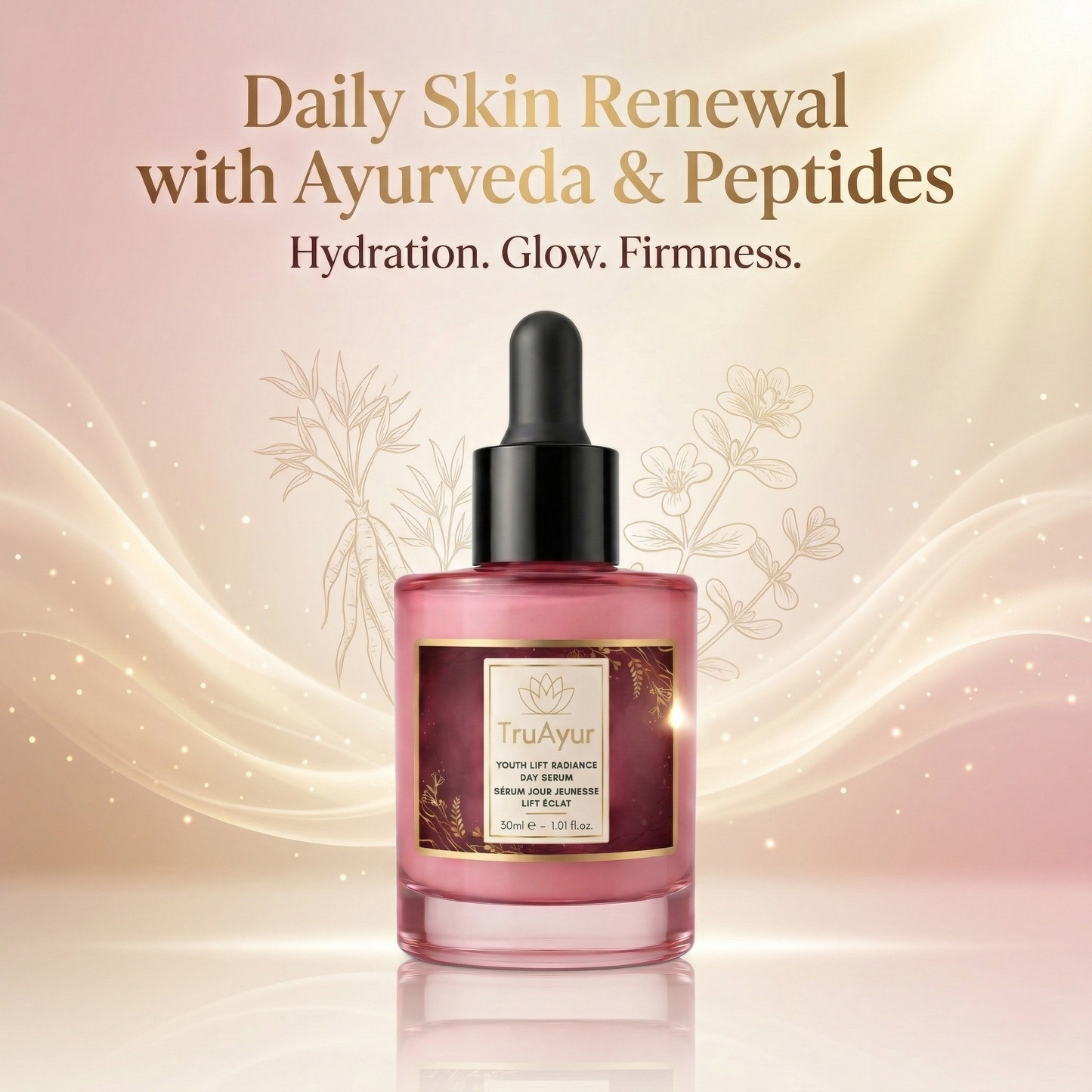 8-Herbs Ayurvedic Radiance Day Serum with Syn-Ake Peptide for deep hydration, all-day glow, and visible firming