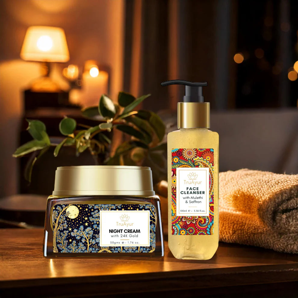 Rituale notturno Saffron Glow (crema da notte all'oro 24 carati e detergente viso)