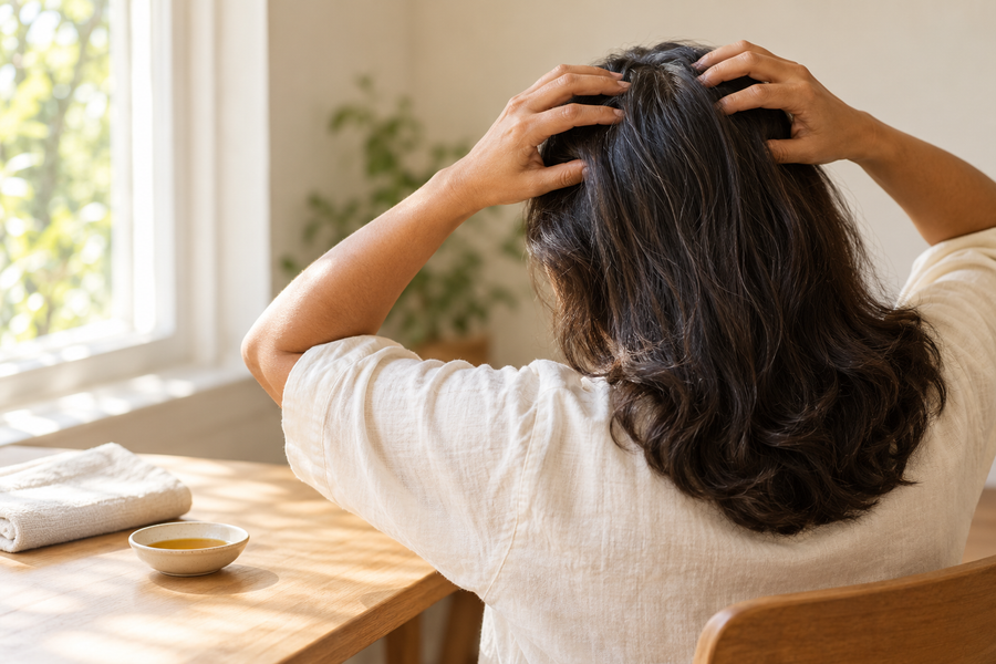 A woman seen from behind massaging her scalp with her fingertips, a small bowl of hair oil on the table beside her