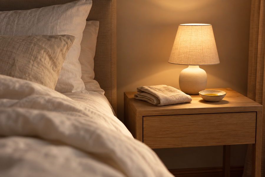 A bedside table at night with a low lamp, a folded linen cloth and a small ceramic dish of golden oil, soft white bedding beside it