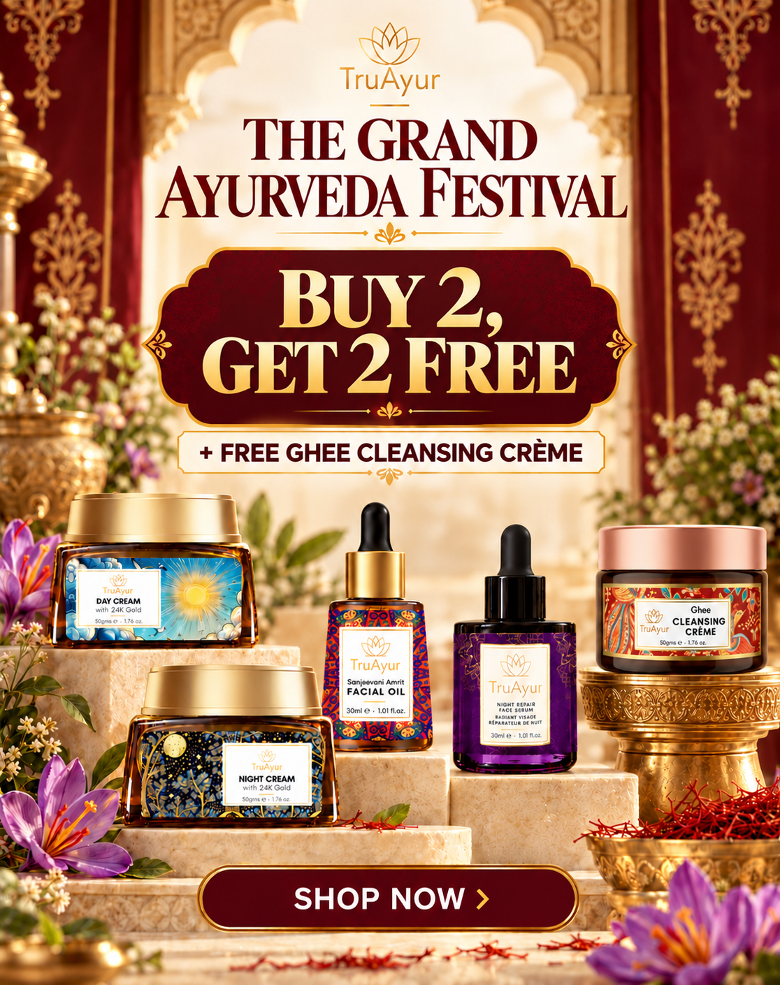 Buy 2, get 2 free on TruAyur single products + a free Ghee Cleansing Crème