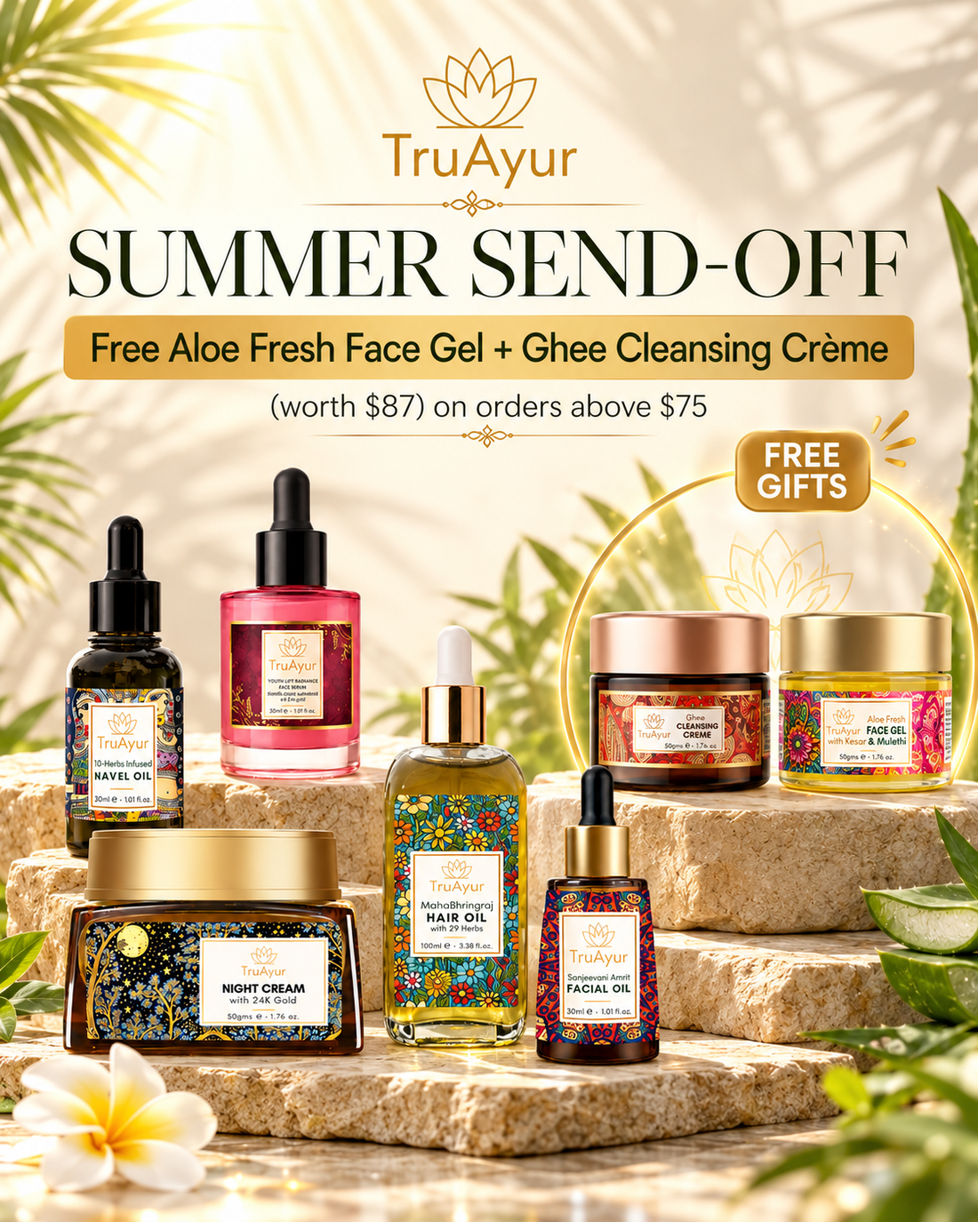 Summer Send-Off: free Aloe Fresh Face Gel and Ghee Cleansing Crème, worth $87, on orders above $75