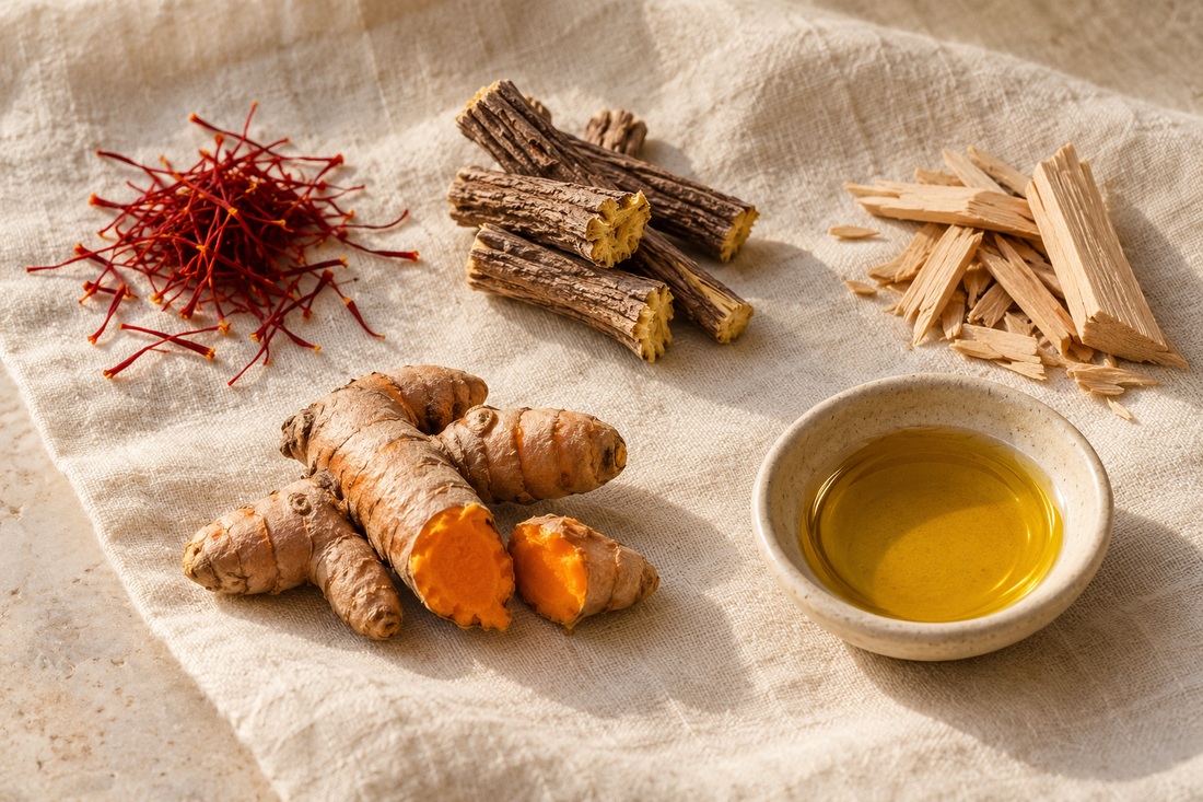 Saffron threads, sliced licorice root, sandalwood chips and fresh turmeric root beside a small dish of golden oil