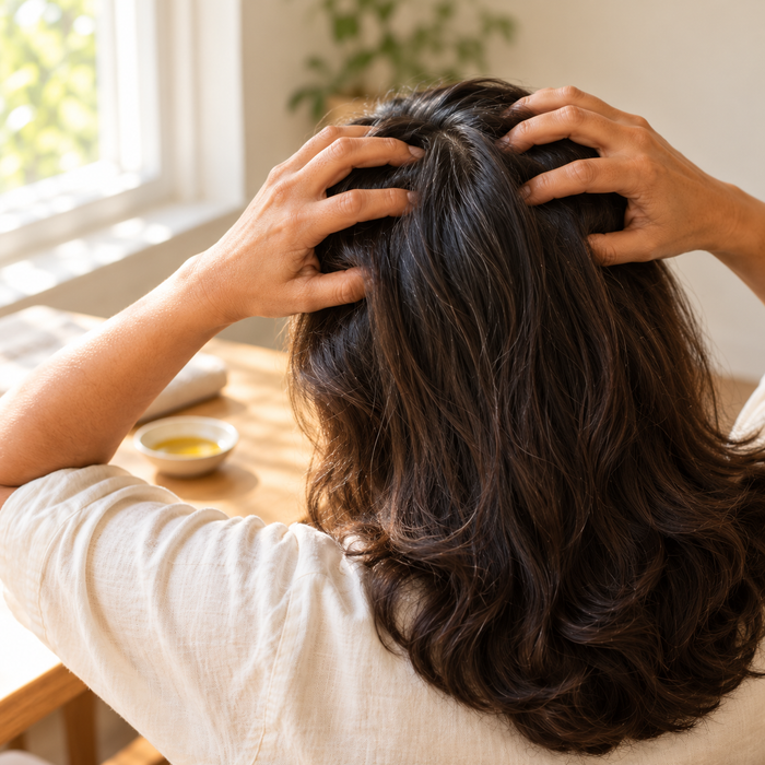 Fingertip pads pressed into the scalp at the crown, nails lifted away
