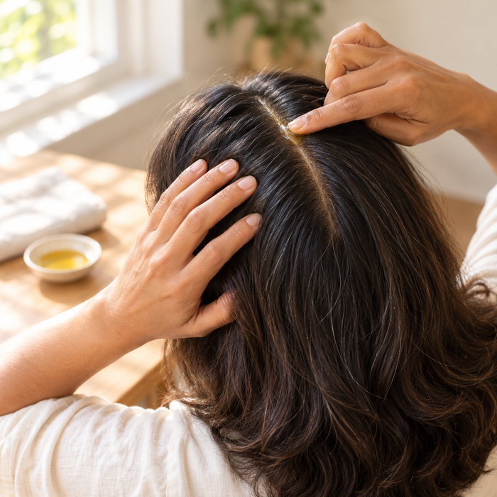 Hair parted in a straight line with a fingertip dabbing oil along the part
