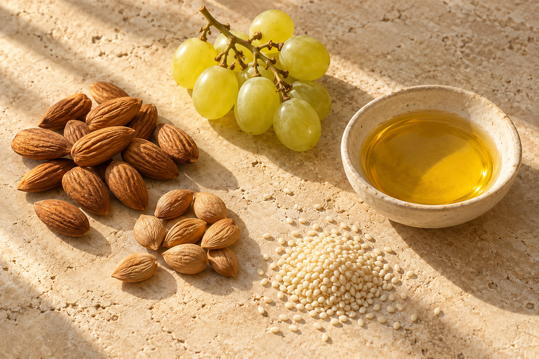 Whole almonds, apricot kernels, sesame seeds and a small cluster of green grapes beside a shallow ceramic dish of golden oil