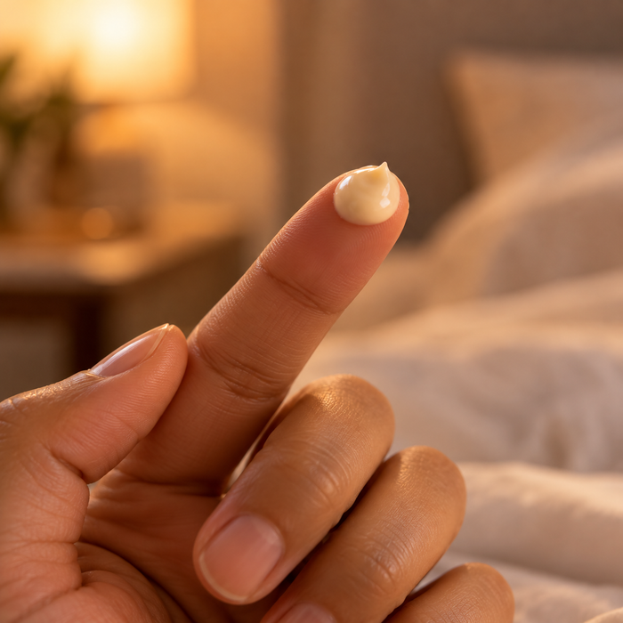 A pea-sized amount of night cream on a fingertip